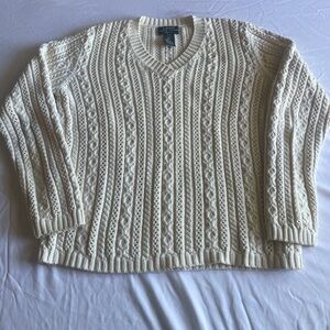 Lauren Ralph Lauren Petite P/S 100% Cotton Cable Knit V-Neck Sweater Ivory Cream